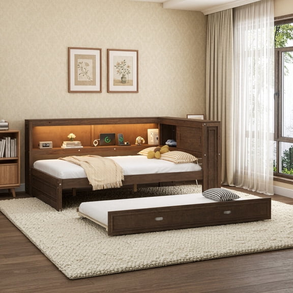 Full Size Wood Daybed with Twin Size Trundle, Storage Bed Frame with Shelves & Cabinets, Sofa Bed with LED Light and Charge Station