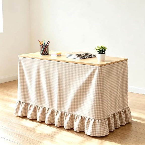 Gingham Table Skirt, Table Skirt For Teacher Desk, 75 * 180cm Ruffled Teacher Table Skirt For Classroom, Kitchen, Party (Brown)