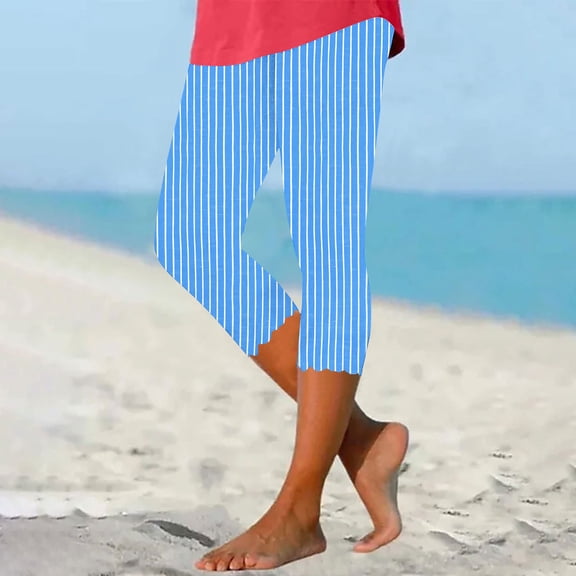 LEKWK Capris Pants for Women High Waisted Vertical Striped Print Womens Capri Pants Scalloped Hem Stretchy Cropped Pants Yoga Gym Casual Summer Wear