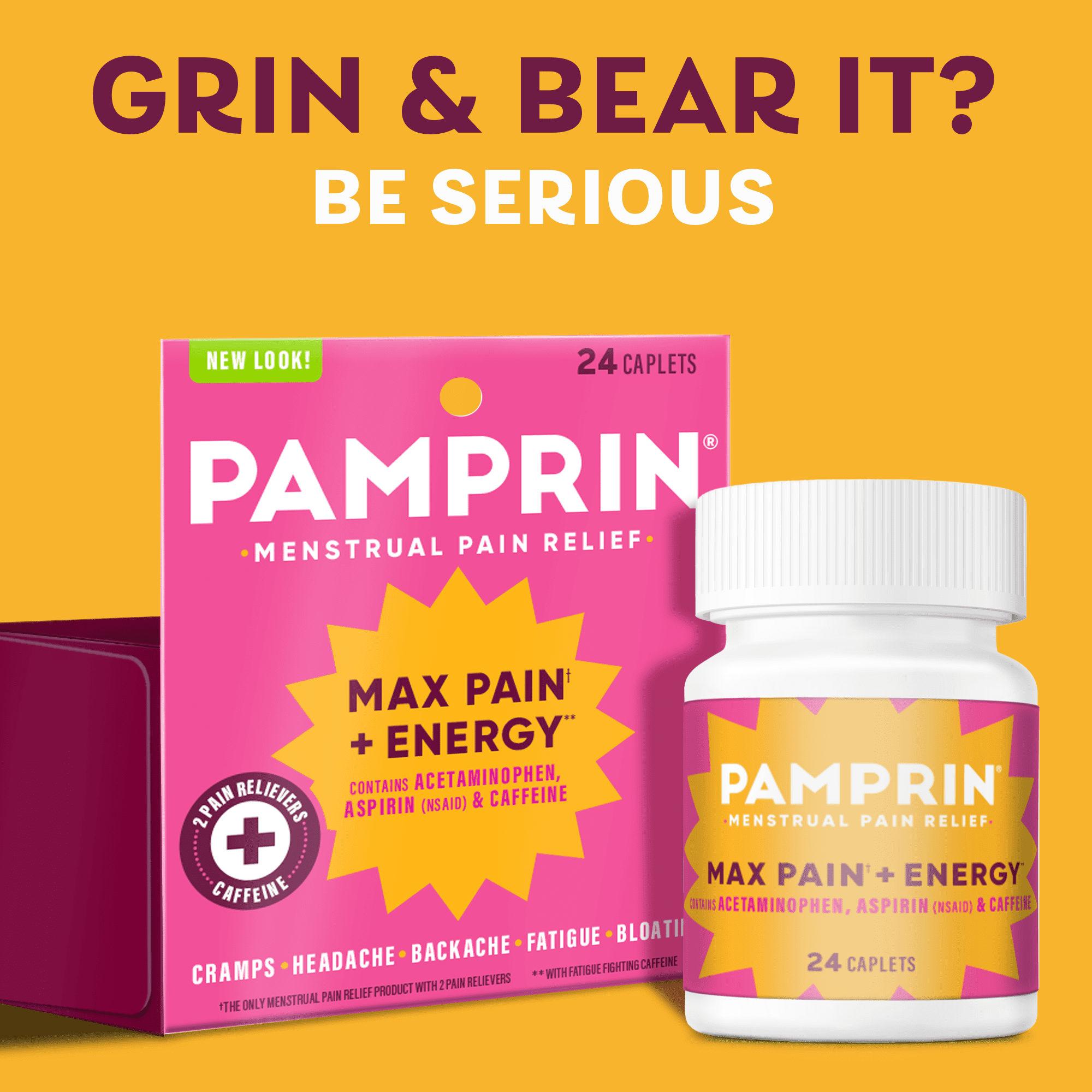 (3 pack) Pamprin Maximum Strength Pain + Energy Menstrual Pain Relief Caplets, 24 Ct