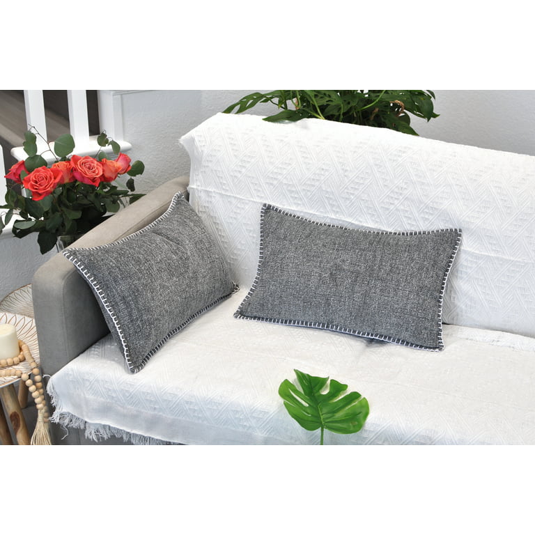 Textured Small Lumbar Pillow Covers 12 x 20 inch, Heather Grey Set of 2 / Stitched Edge Soft Chenille Cushion Covers/ Modern Farmhouse Pillow Cases
