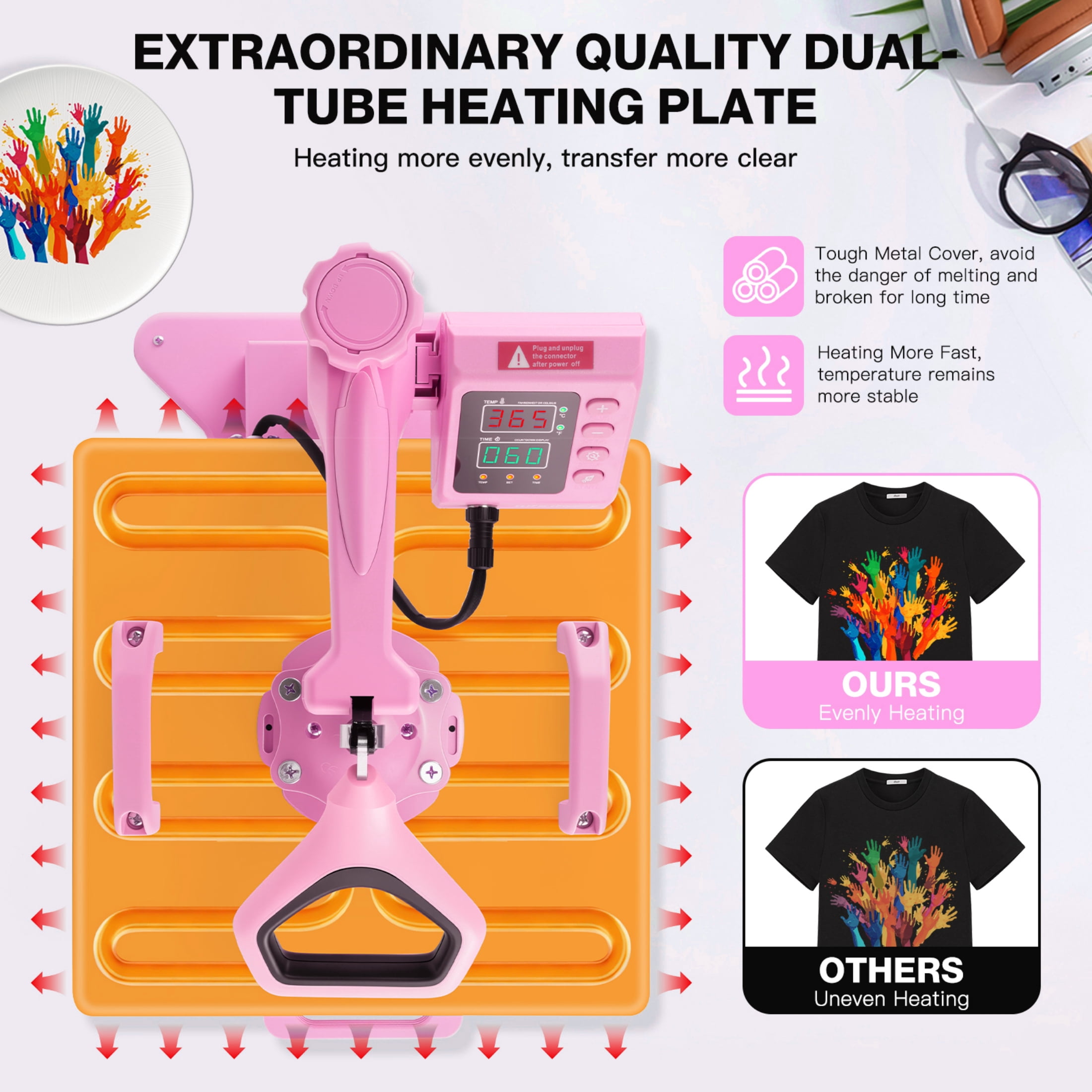 Adnoom Heat Press 15x15, 5 in 1 Multifunctional Shirt Press Machine Combo, 360° Swing Away Heat Transfer Sublimation with LED Display for T-shirts Mugs Hat Plate Cap Pink