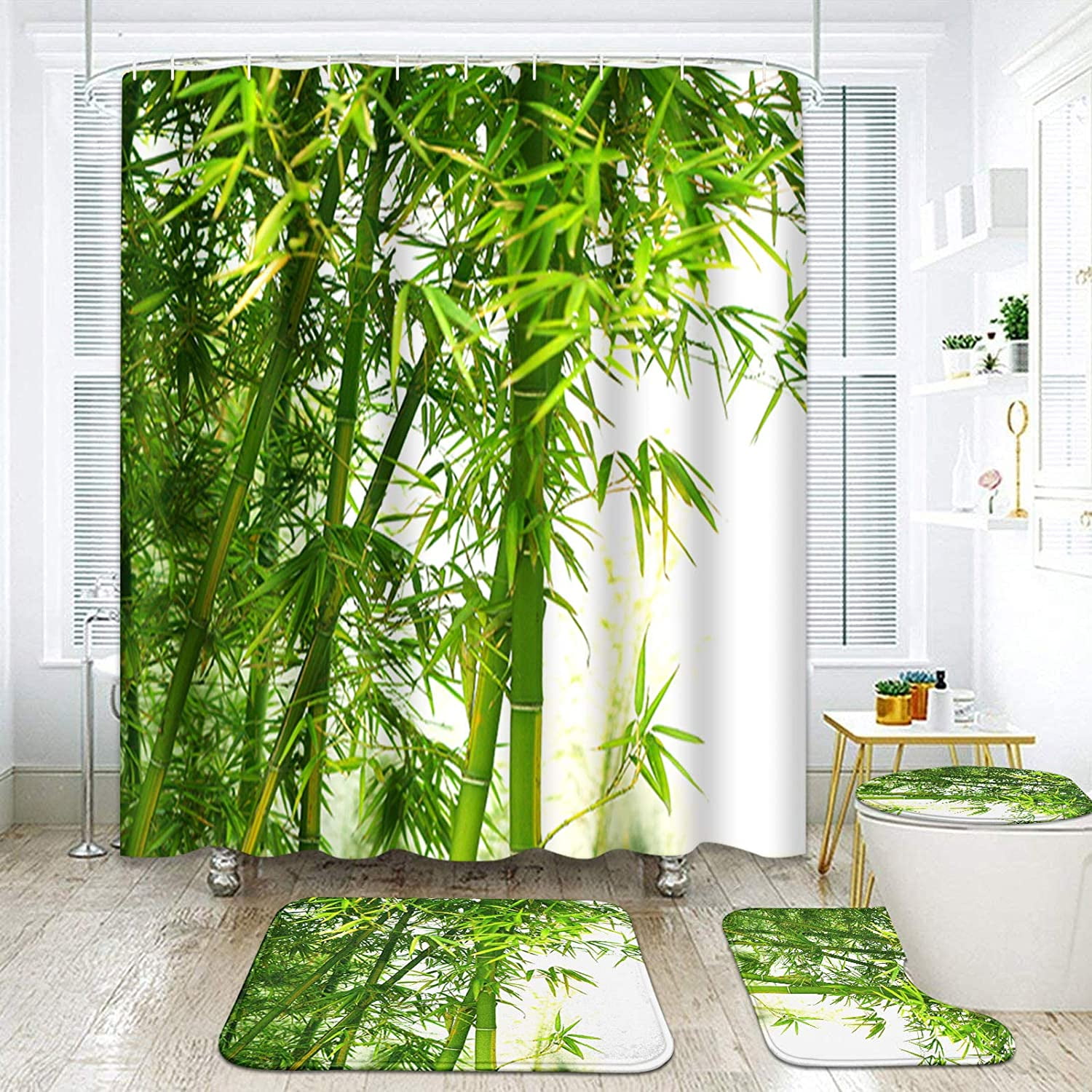 Bamboo Waterproof Bathroom Shower Curtain Toilet Cover Mat Non-Slip Rug Set 