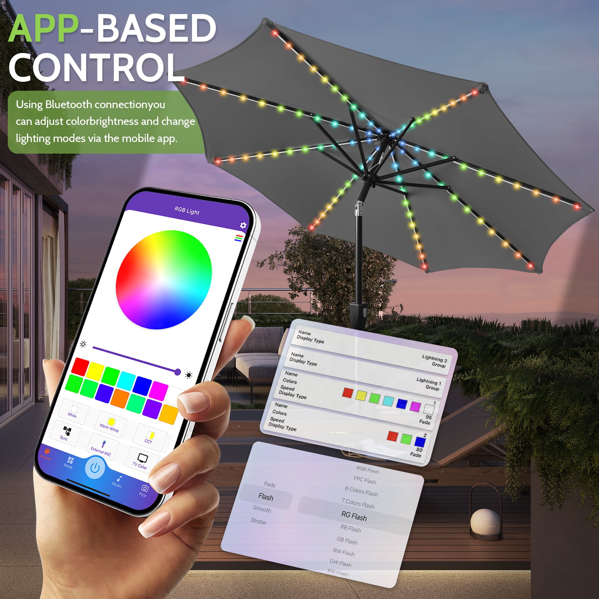 Scafild | 7.5ft Outdoor Patio Umbrella with Solar Lights, Outdoor Market Umbrella with Colorful LED Lights and Tilt and Crank - Gray