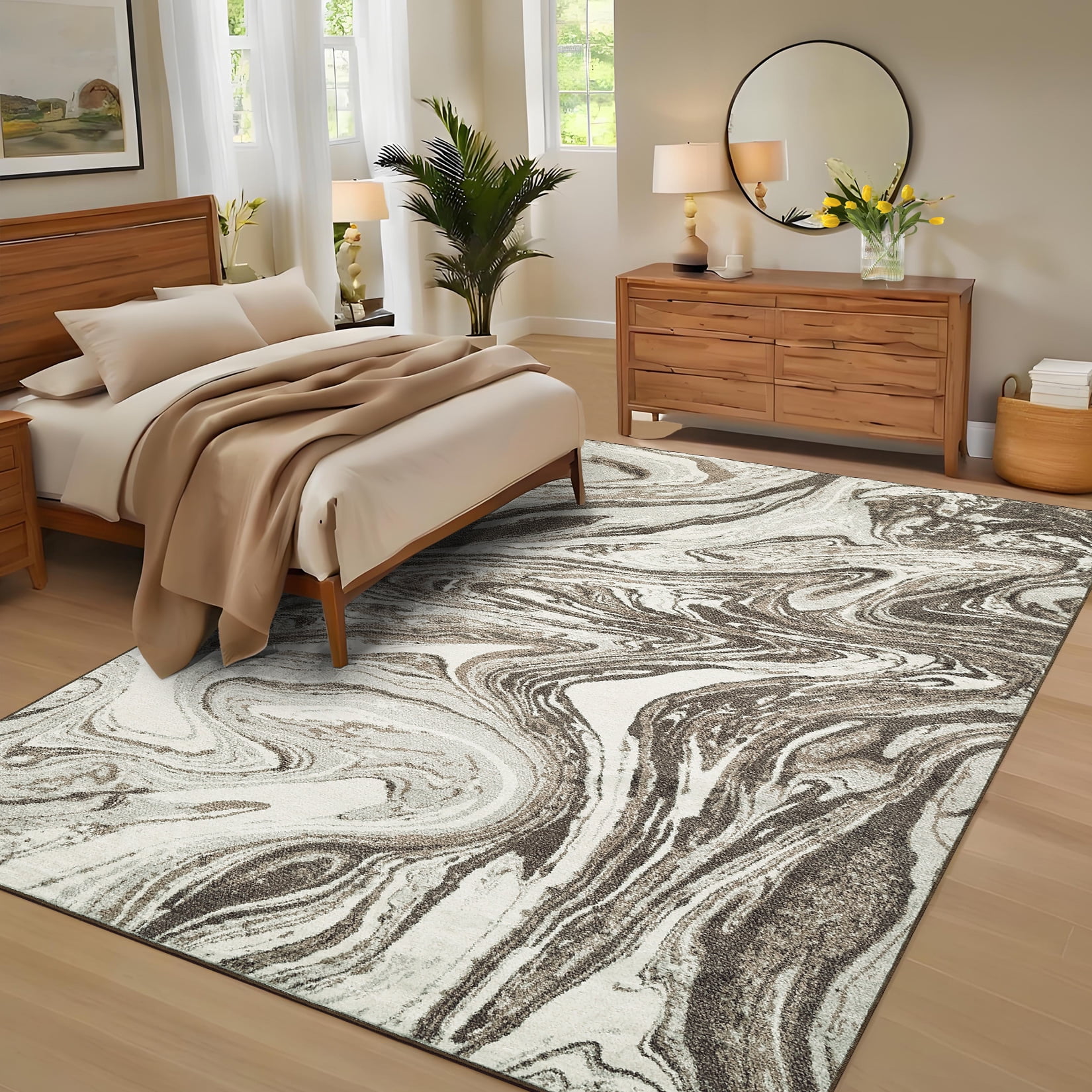 Garvee 8'x10' Large Area Rugs for Living Room Modern Abstract Rug Machine Washable Rug, Stain Resistant Indoor Carpet Low Pile Non-Slip Rugs for Bedroom Dining Room Office Playroom, Camel