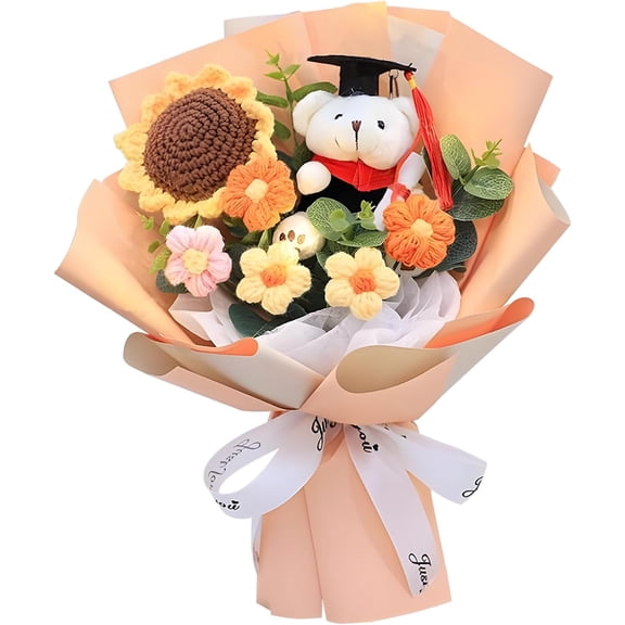Handmade Knitted Flower Bouquet Sunflower with Plush Bear Class of 2026 Graduation Gift for Her Him Grad Celebration Ceremony Gifts (Orange)