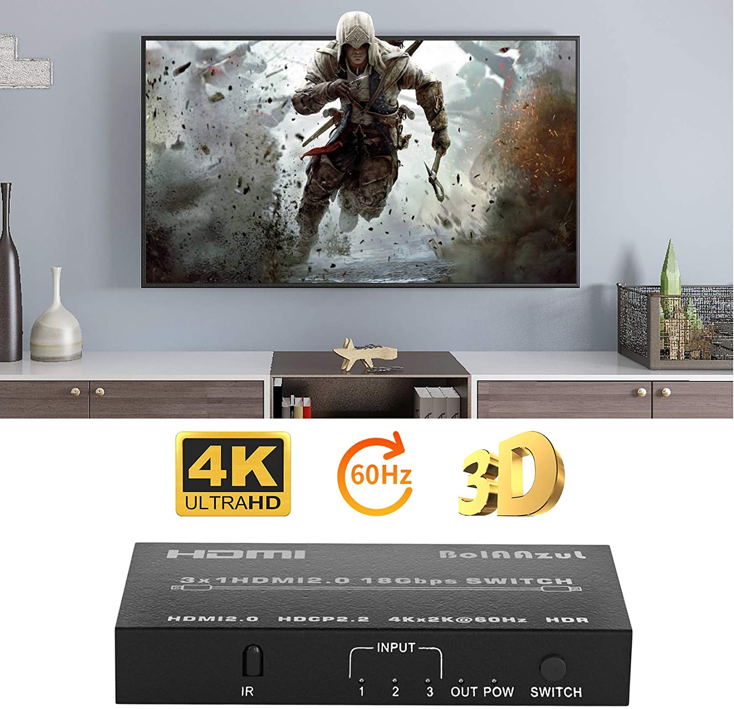 HDMI Switch 144Hz, Bmatwk HDMI 2.0 Switch HDR Switcher Selector Box 3 in 1  Out with