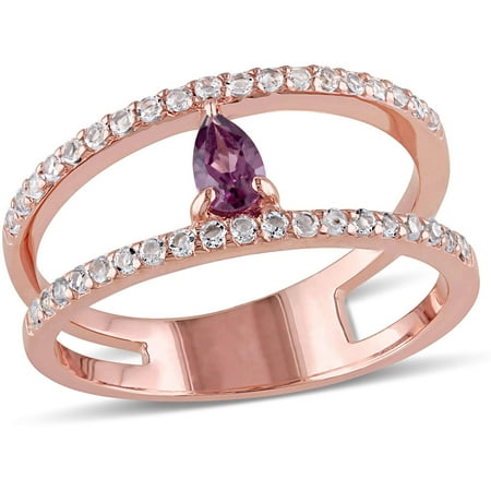 Tangelo 1.04 Carat T.G.W. Rhodolite and White Topaz Rose Rhodium-Plated Sterling Silver Two-Row Ring
