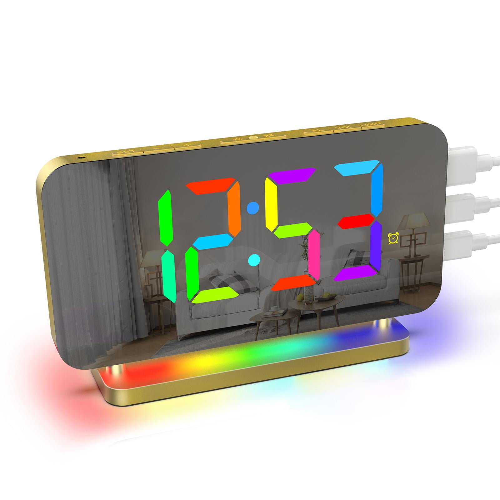deevoka LED Digital Alarm Clock Bedroom Electronic Desk Clock RGB Color Modes Mirror Display for Home Living Room Tabletop Decoration Gold