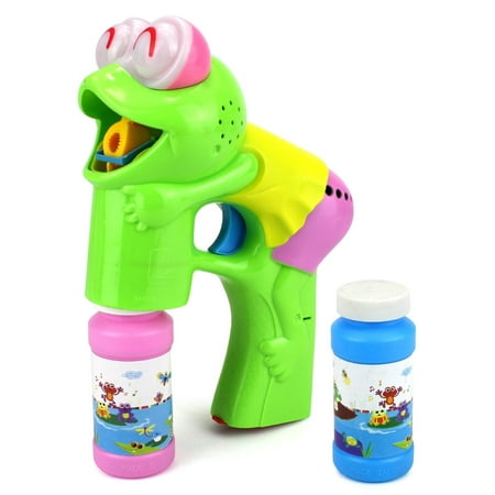 Bobble Frog - Fun Frog Battery Operated Toy Bubble Blowing Gun w/ 2 Bottles of Bubble Liquid
