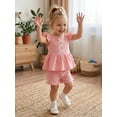 thumbnail image 6 of AceBaby Toddler Baby Girls Summer Outfits, 6M-5TRuffled Sleeve Bow T-Shirt and Shorts  2Pcs Set Clothes, 6 of 9