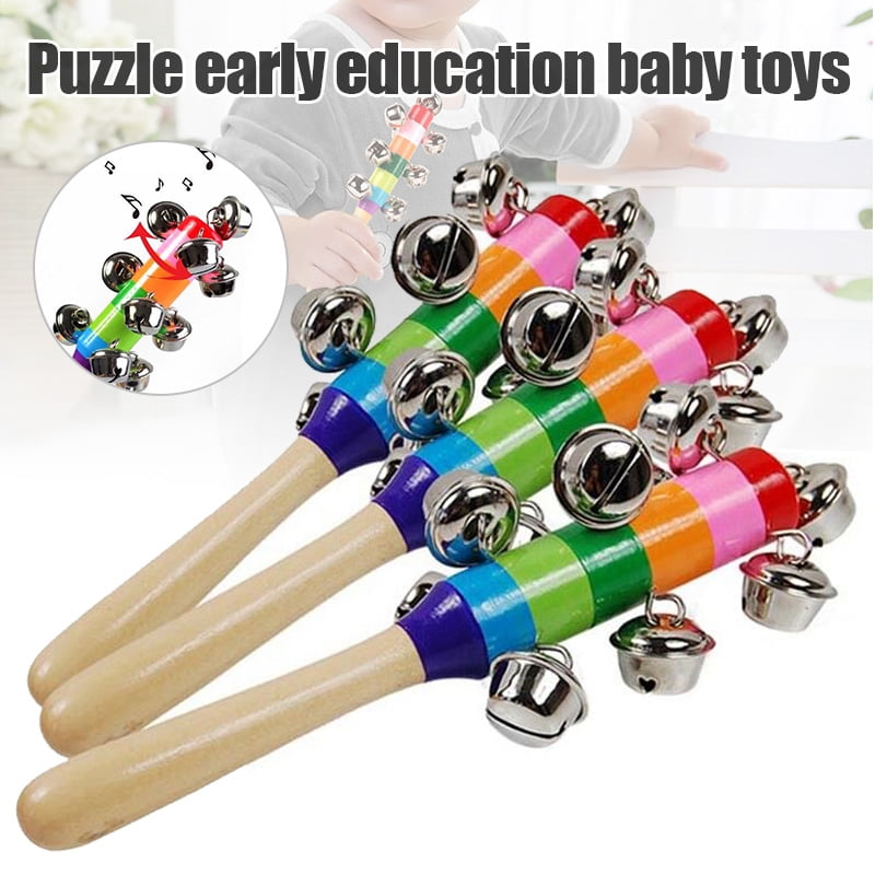 Rainbow Musical Instrument Baby Kid Toy Wooden Hand Jingle Ring Bell Rattle Sale 
