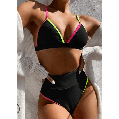 

Puloru Women Color Stripe Edge Decor Triangle Bra High Waist Tankini Swimwear