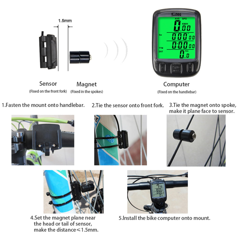 SunDing Bicycle Wired Computer Waterproof Backlight Odometer Speedometer 