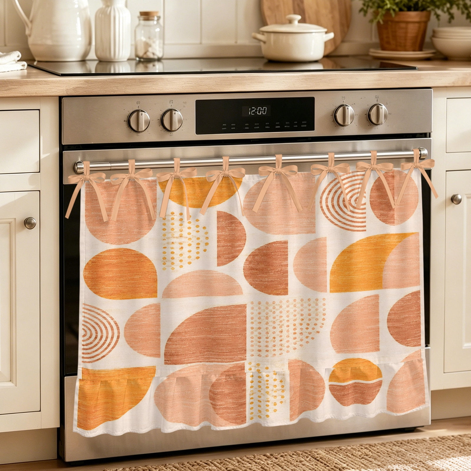 Oven Skirt Curtain for Kitchen 24x32 Inch Orange Ombre Geometric Oven Curtain with 8 Ribbon Ties & Ruffle Trim Stove Skirt Curtain Dishwasher for Cabinets Sinks Middle Century Vintage Abstract Art