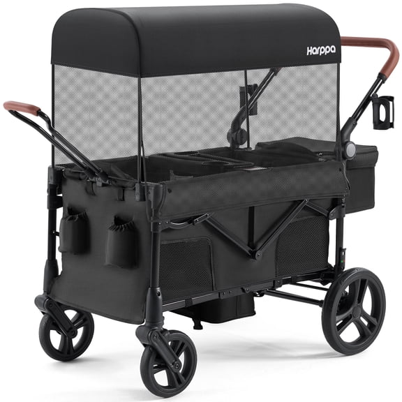 HARPPA Foldable Wagon Stroller for 2 Toddlers with Pull & Push Handle, Canopy, 32.9lbs, Black