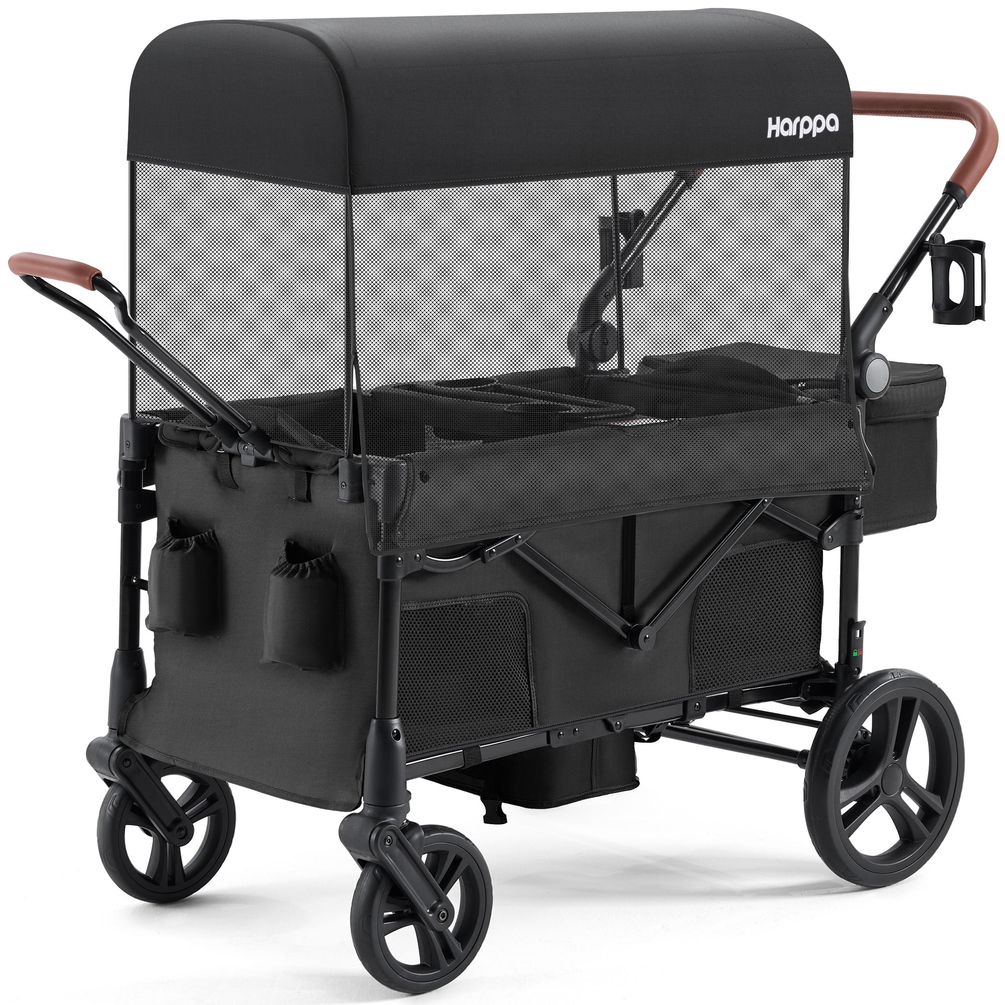 HARPPA Foldable Wagon Stroller for 2 Toddlers with Pull & Push Handle, Canopy, 32.9lbs, Black