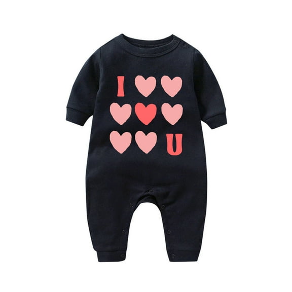 Riecok Baby Boy Cotton Romper Valentine's Day Long Sleeve Heart Print Soft Breathable Jumpsuit Toddler Clothes Black 3 Months