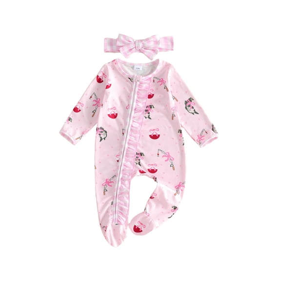 RUINIXCW Baby Girl Fall Outfits Printed Long Sleeve Ruffle Footed Jumpsuit Headband