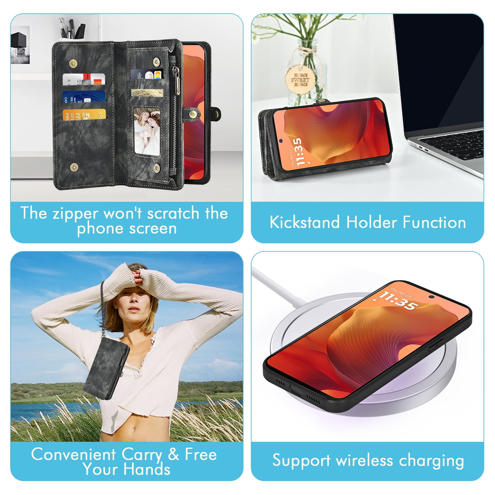 Asuwish Phone Case for Motorola Moto G15 4G Lte Zipper Wallet Detachable Cell Cover with Tempered Glass Screen Protector Crossbody Lanyard Strap Flip Card Holder MotoG15 G 15 XT2521-2 Women Men Black