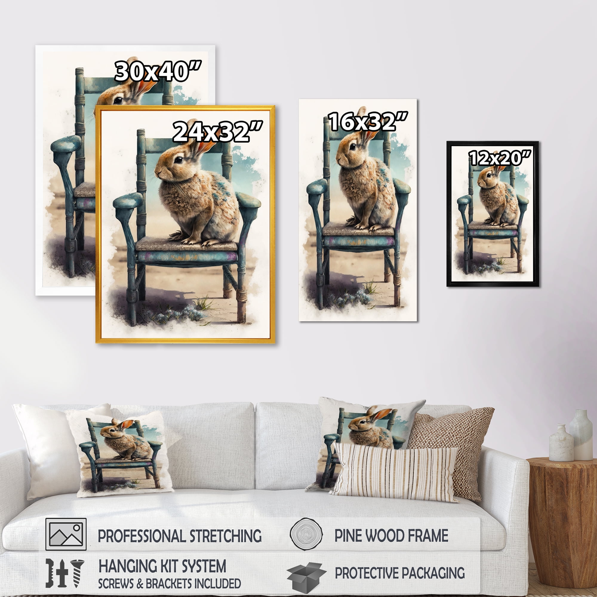 Designart Bunny Sitting On A Wood Chair I Canvas Wall Art
