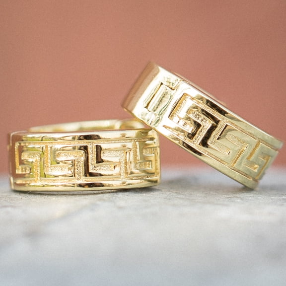 Small Solid 14K Yellow Gold Plated 925 Sterling Silver Post Men's Women's Greek Key Pattern Huggie Hoop Earrings