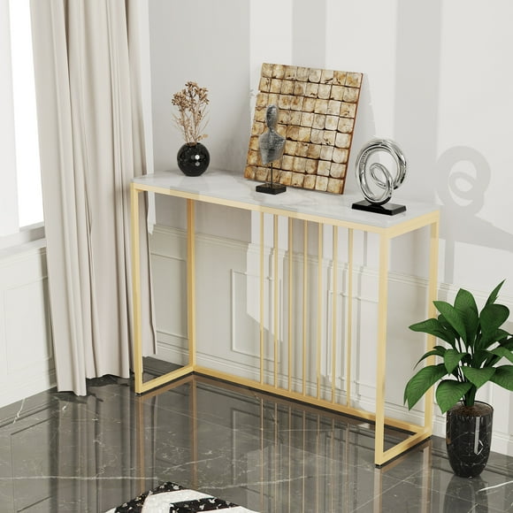 Wisfor White Slim Console Table 100cm High Gloss Sintered Stone Marbles Effect and Gold Frame Narrow Tall Modern Sofa Side Tables Entryway Furniture Decor