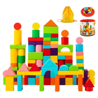 Pidoko Kids Wooden Blocks - 100 Pcs - Building Blocks for Toddlers -  Includes Storage Container with Shape Sorter Top - Hardwood Plain & Colored  Wood