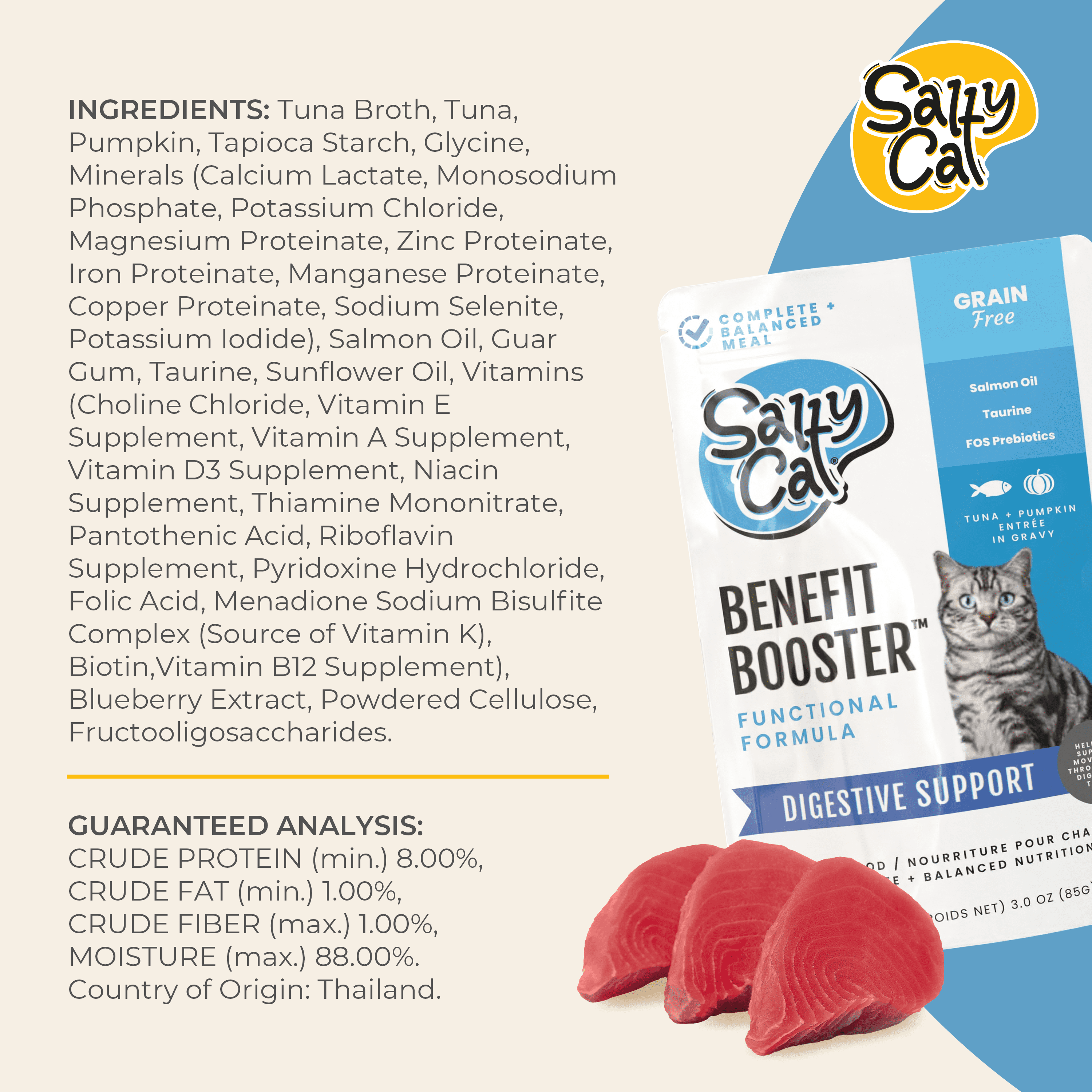 (6 pack) Salty Cat Benefit Booster Digestive Support Tuna & Pumpkin Entrée in Gravy Wet Cat Food, 3 oz. Pouch
