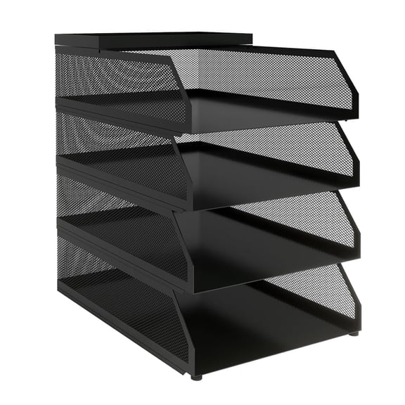 Black 4-Tier Stackable Mesh Desk Organizer, Slanted Metal Document Tray with Top Shelf – Durable Expandable File Rack for Office Desktop Storage (4 Layers)