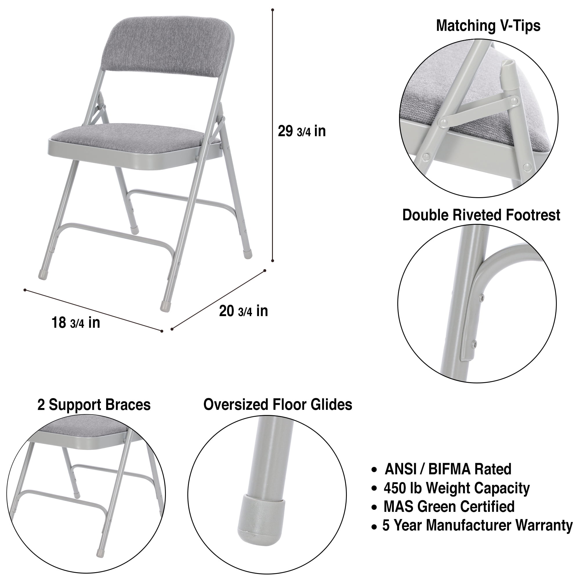 Hampden Furnishings Bernadine Collection Fabric Padded Premium Folding Chair, Grey, 4 Pack