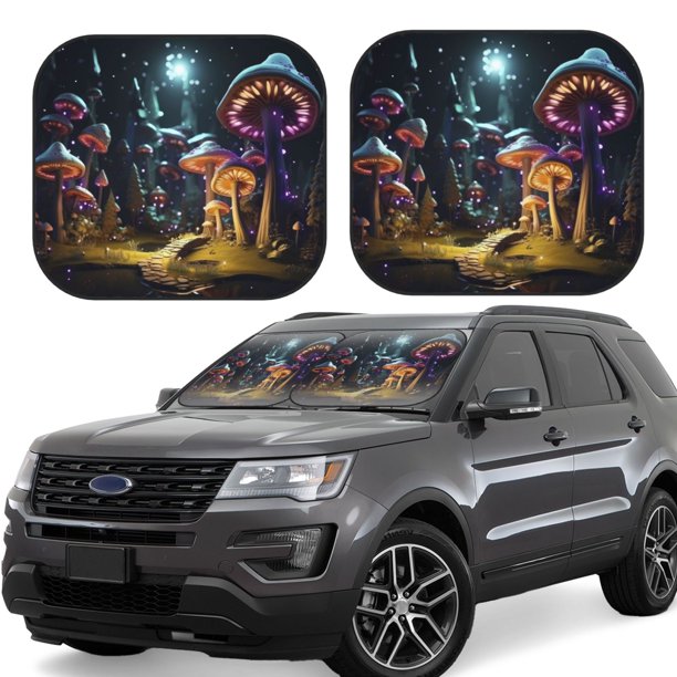 Fotbe Purple Glowing Mushroom Juego de 2 Piezas de Parasoles para Parabrisas | Bloqueador Solar para Auto | Accesorios Plegables para Protección Solar Interior-Medium