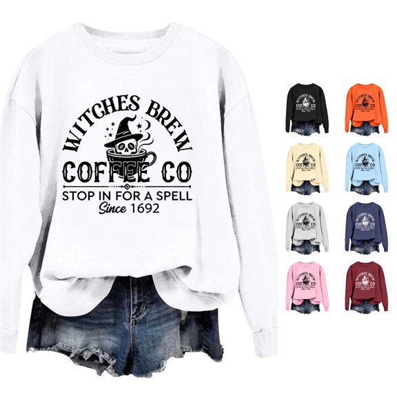 Venzia Women Halloween Crewneck Sweatshirt, Black Long Sleeve Pullover Top, Casual Fall Graphic Sweatshirt