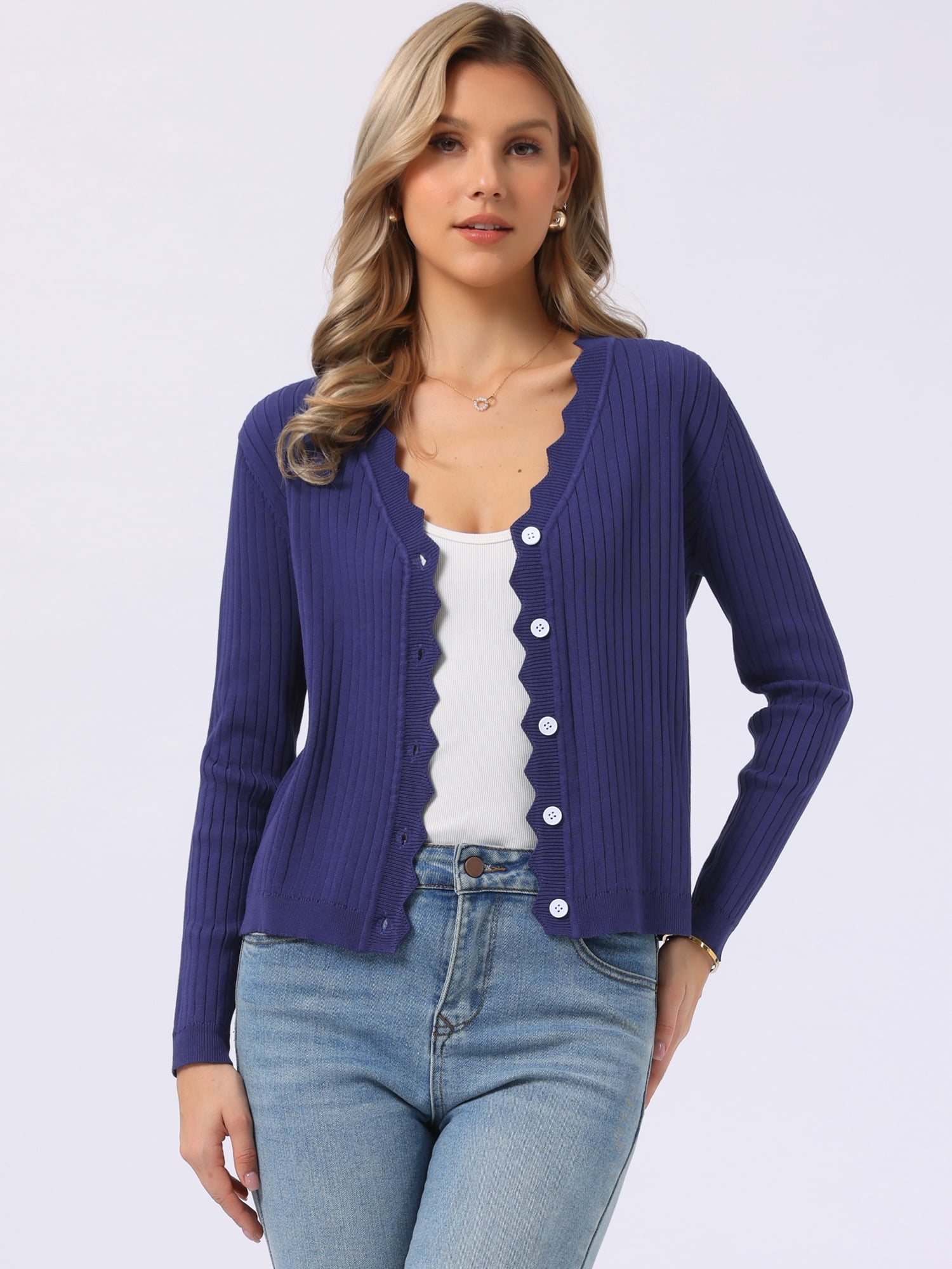 DARING DIVA Women's Open Front Long Sleeve Button Down Knit Cardigan 2XL Dark Blue