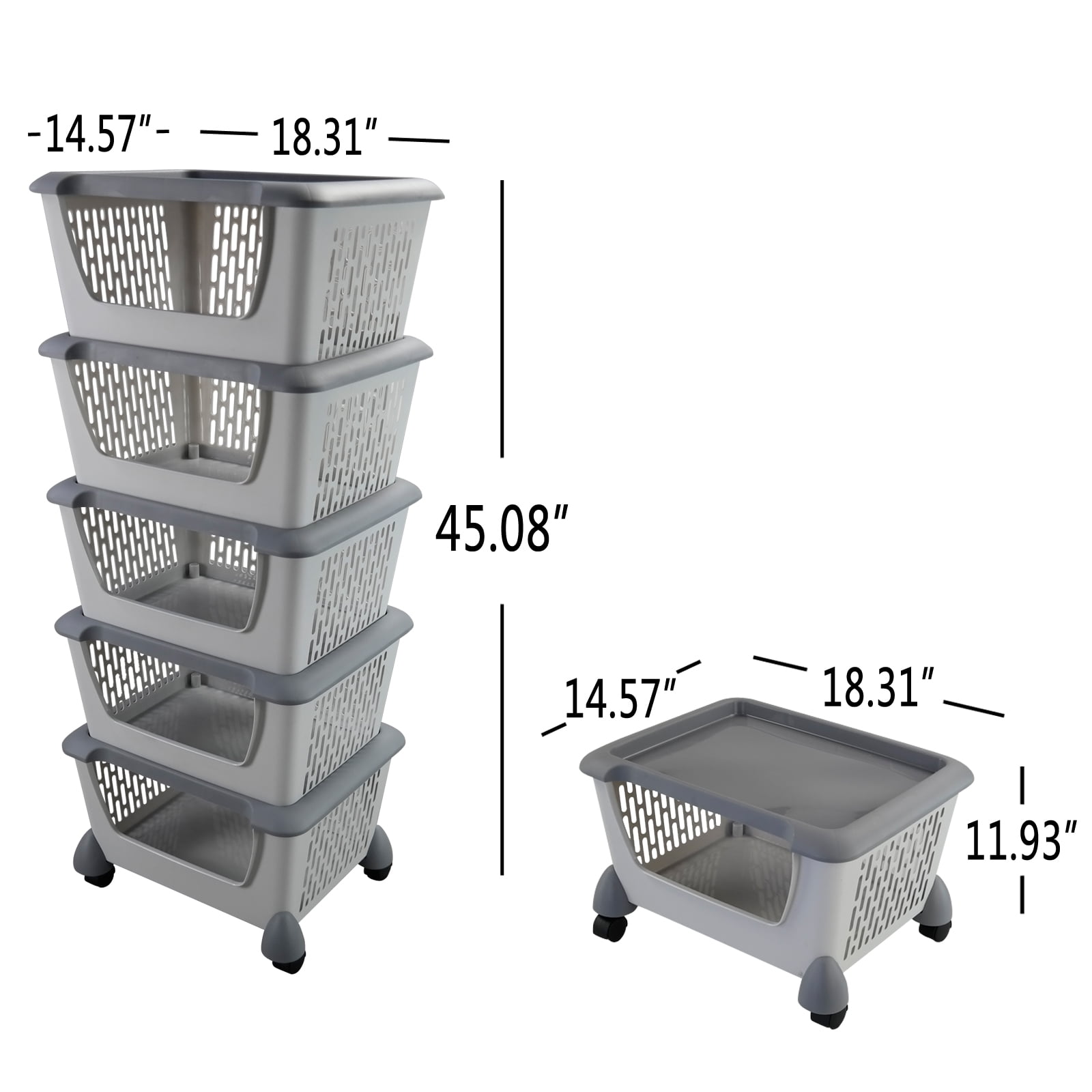 Cand 5-Pack Large Stackable Storage Bins, Stacking Baskets for Fruit, Vegetable, Toys, Grey
