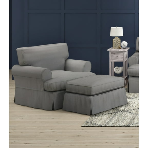 Slipcovered T Cushion Chair Ottoman Set - Washable Fabric Armchair - Living Room Accent Furniture - Gray