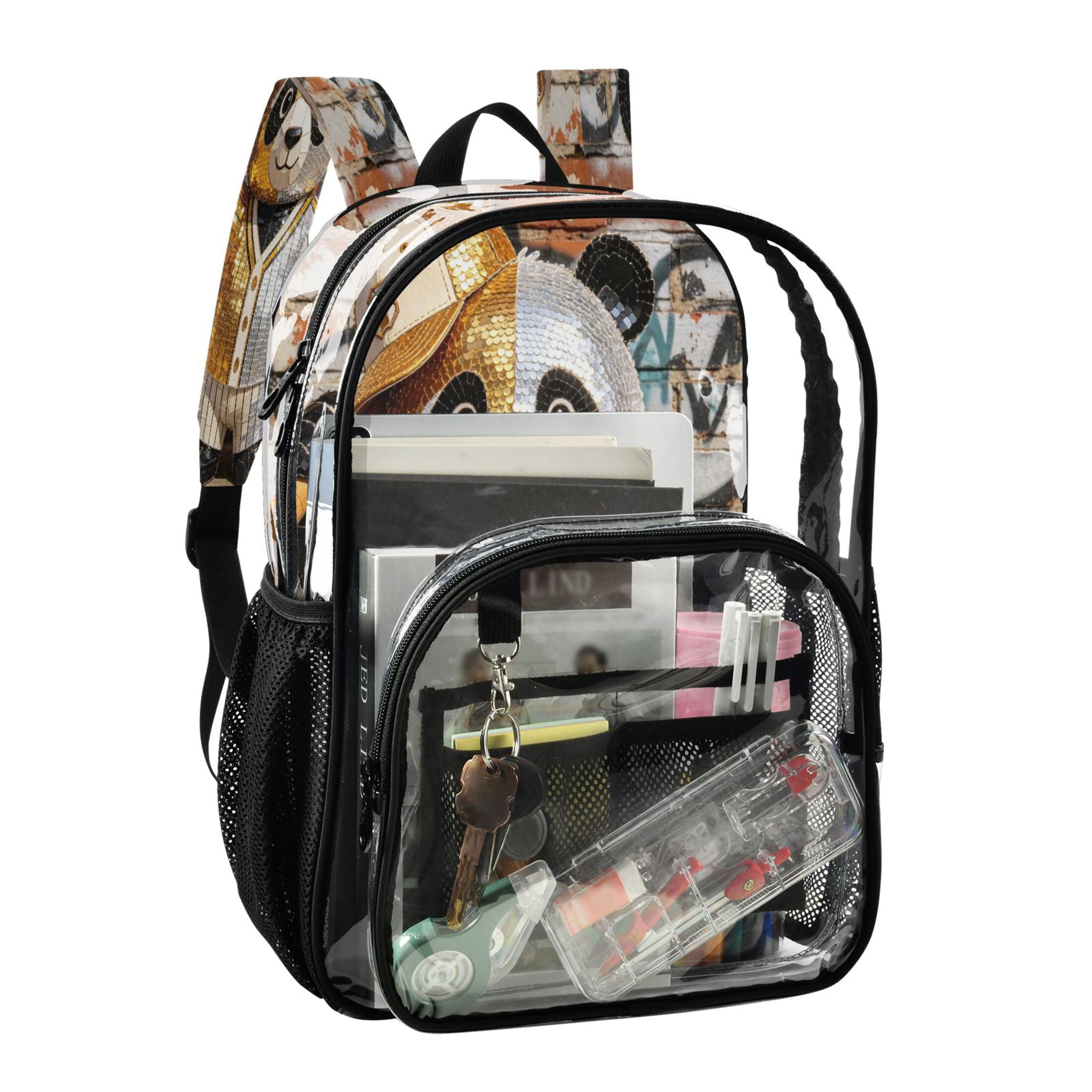 Iauyy Clear Backpack Heavy Duty PVC Transparent Backpack for College Workplace, Baseball Panda
