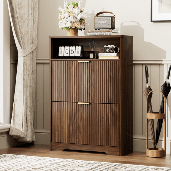 Jopath Shoe Cabinet Storage For Entryway Hidden Shoes Storage Cabinet With 2 Flip Drawers, Freestanding Narrow Shoe Cabinet For Foyer, Hallway. Walnut
