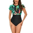 thumbnail image 7 of Alkepwun Womens Zipper One Piece Swimsuits Tummy Control Bathing Suit Retro Ruffle Sleeve Tropical Printed Surfing Swimming Suit on Clearance, 7 of 7