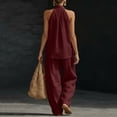 thumbnail image 4 of Textilo Womens Cotton Linen 2 Piece Sets Sleeveless V Neck Halter Top Matching Baggy Wide Leg Pants Outfit Solid Color Outfit Summer Travel Vacation Breathable 2026 Trendy Tracksuit,Wine S, 4 of 5
