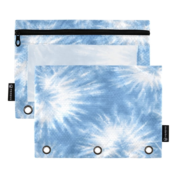 2 Pack 3 Ring Binder Pouch with Clear PVC Window Water Resistant Zipper Pencil Pouch Warm Blue Tie-dye Pattern Binder Pocket for Classroom Office Home Stationery Organization