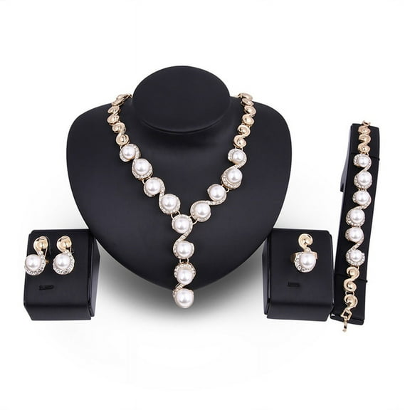 Ruanlalo Women Pearl Inlaid Rhinestone Necklace Bracelet Stud Earrings Ring Jewelry Set