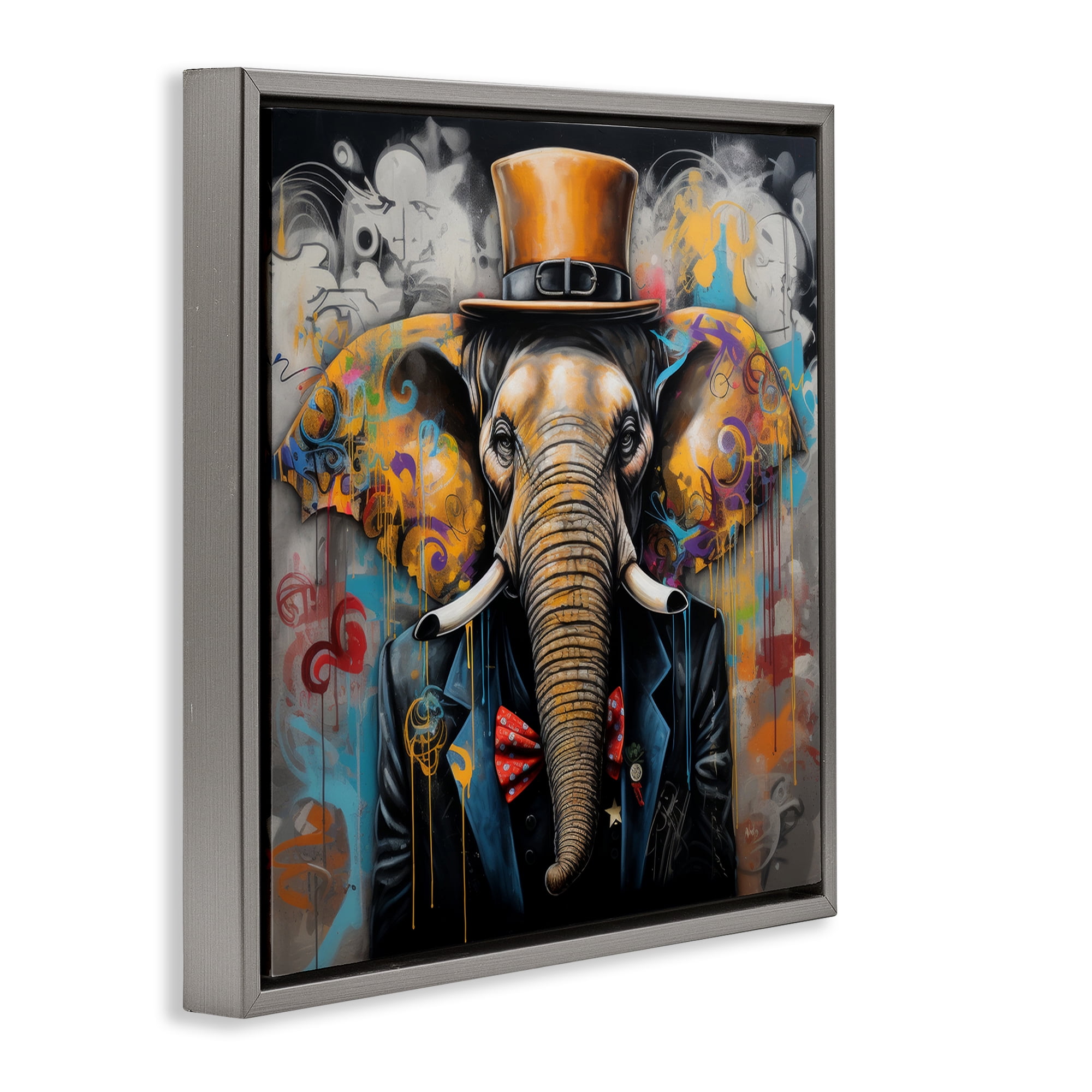Stupell Industries Urban Graffiti Elephant Animals & Insects Painting Gray Floater Framed Canvas Art Print Wall Art, 18 x 18