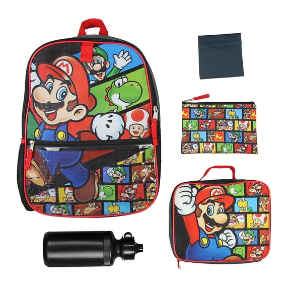 Nintendo Backpack Super Mario 5 PC Shimmer Character 16" Lunch Box Combo Set