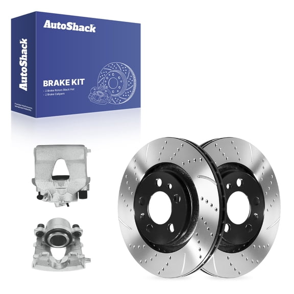 AutoShack Front Brake Rotors & Calipers for Volkswagen, Beetle 1998-2010 Jetta 1999-2005, FWD L4 1.8L 1.9L 2.0L L5 2.5L - E-Coated Drilled & Slotted - ShadowGuard - 11.02" (280 mm), 5-Lug