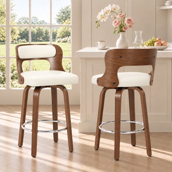 ZHENGCHUANG 360° Swivel Bar Stools Set of 2, Bentwood Frame Bar Chairs with Padded Seat & Backrest, Metal Footrest,White