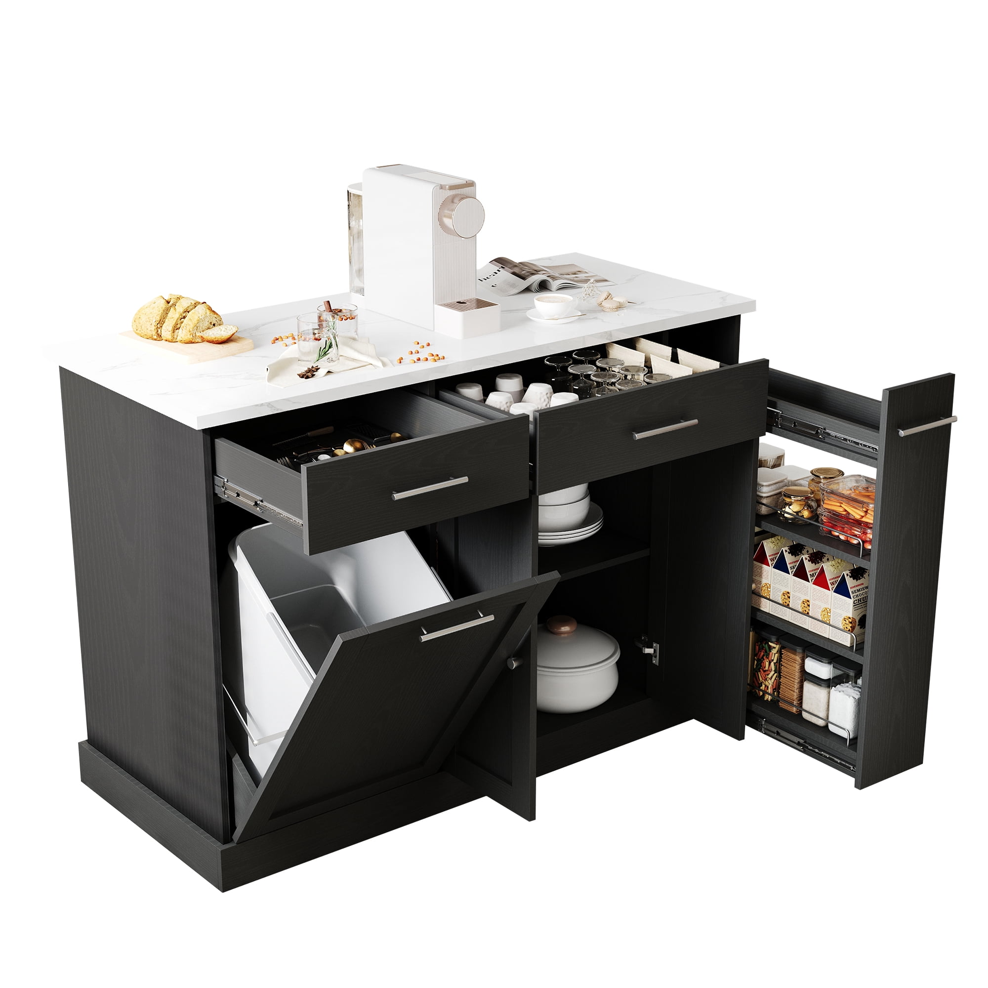 4 EVER WINNER Rolling Kitchen Island Cart with Storage, Mobile Kitchen Island on Wheels with Trash Can Storage, Spice Rack & Towel Rack, Multi-Functional Kitchen Island Table for Organization, Black