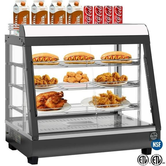 NSF 27 in. 3-Tier Commercial Food Warmer with Top Rack, Countertop Heated Display Case for Pizza & Pretzels, Three-Color Lighting, Thermometer Included – Perfect for Cafeterias, Kitchens