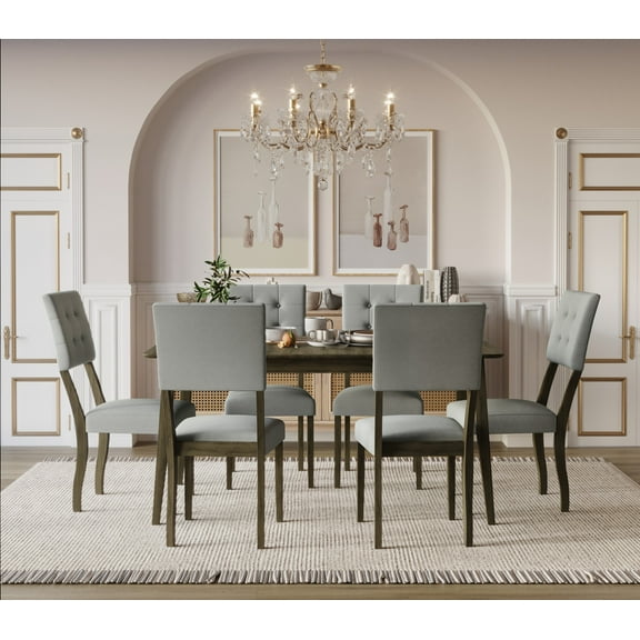 Home Design Derry 7-Piece Dining Set, Gray/Taupe, Rectangular table, Button-tufted cushioned chairs, Comfortable seating, Modern style, Durable construction