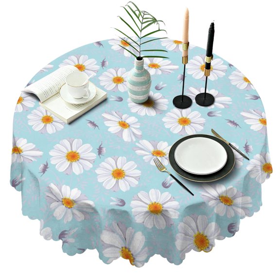 Round Tablecloth 60 Inch Daisy Floral Design Table Cover Wrinkle Free Dining Kitchen